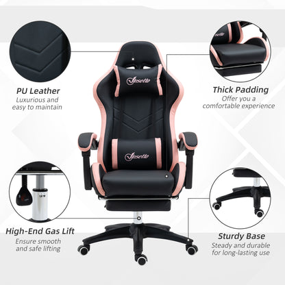 Gaming Chair, Computer Gamer Chair with Reclining High Back, Headrest, Lumbar Support, Footrest, Swivel Wheels, PU Leather, Adjustable Height for Home, Black and Pink