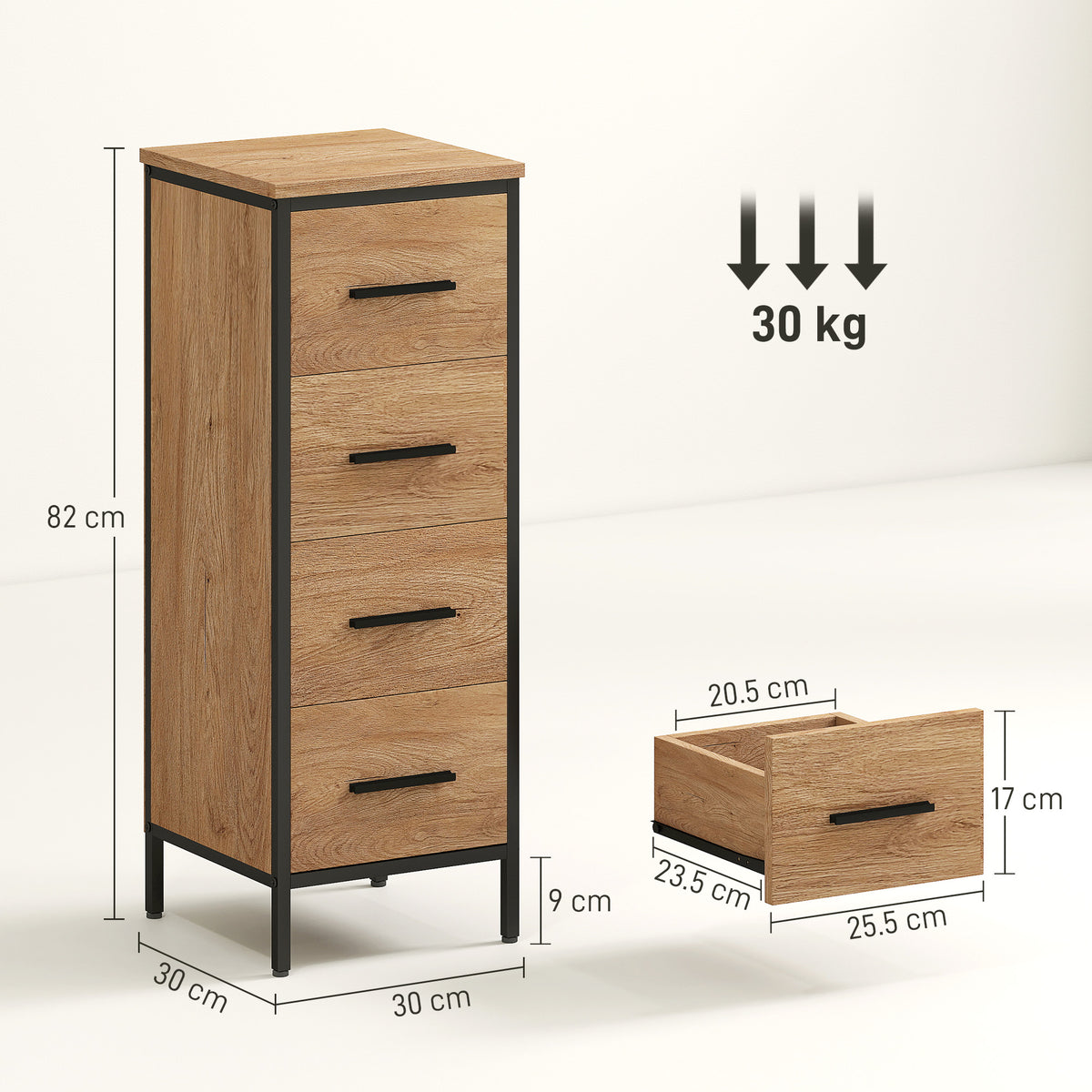 Narrow Bathroom Storage Cabinet with 4 Drawers - Oak