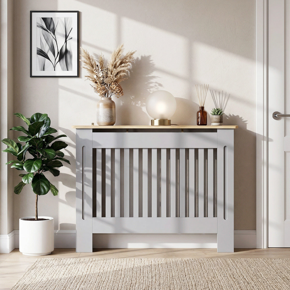 Slatted Radiator Cover, Painted Cabinet with Line Grill Design, 112W × 19D × 81H cm, Grey