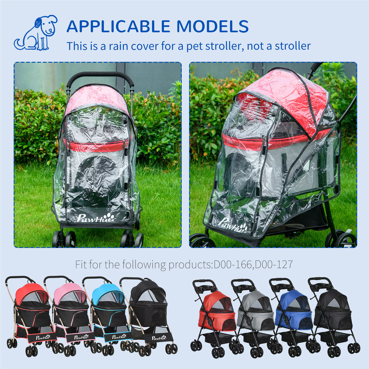 Rain Cover for Dog Pram Stroller, with Front and Rear Entry