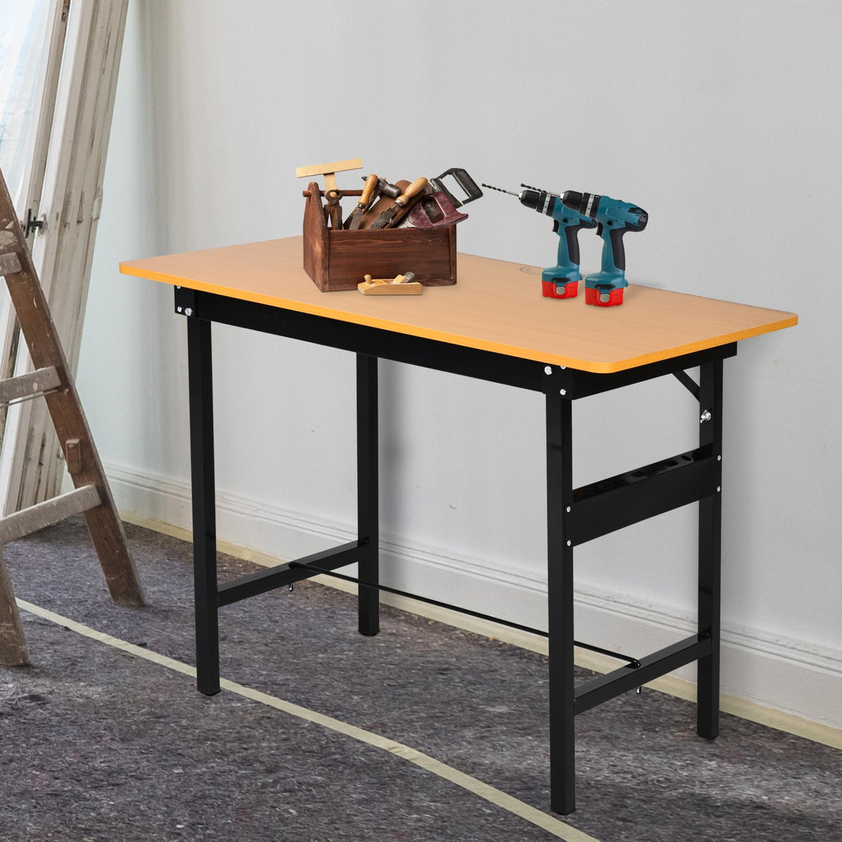 100 cm Foldable Garage Work Bench, Craft Table MDF Workstation, Heavy-duty Steel Frame with Ruler, Protractor