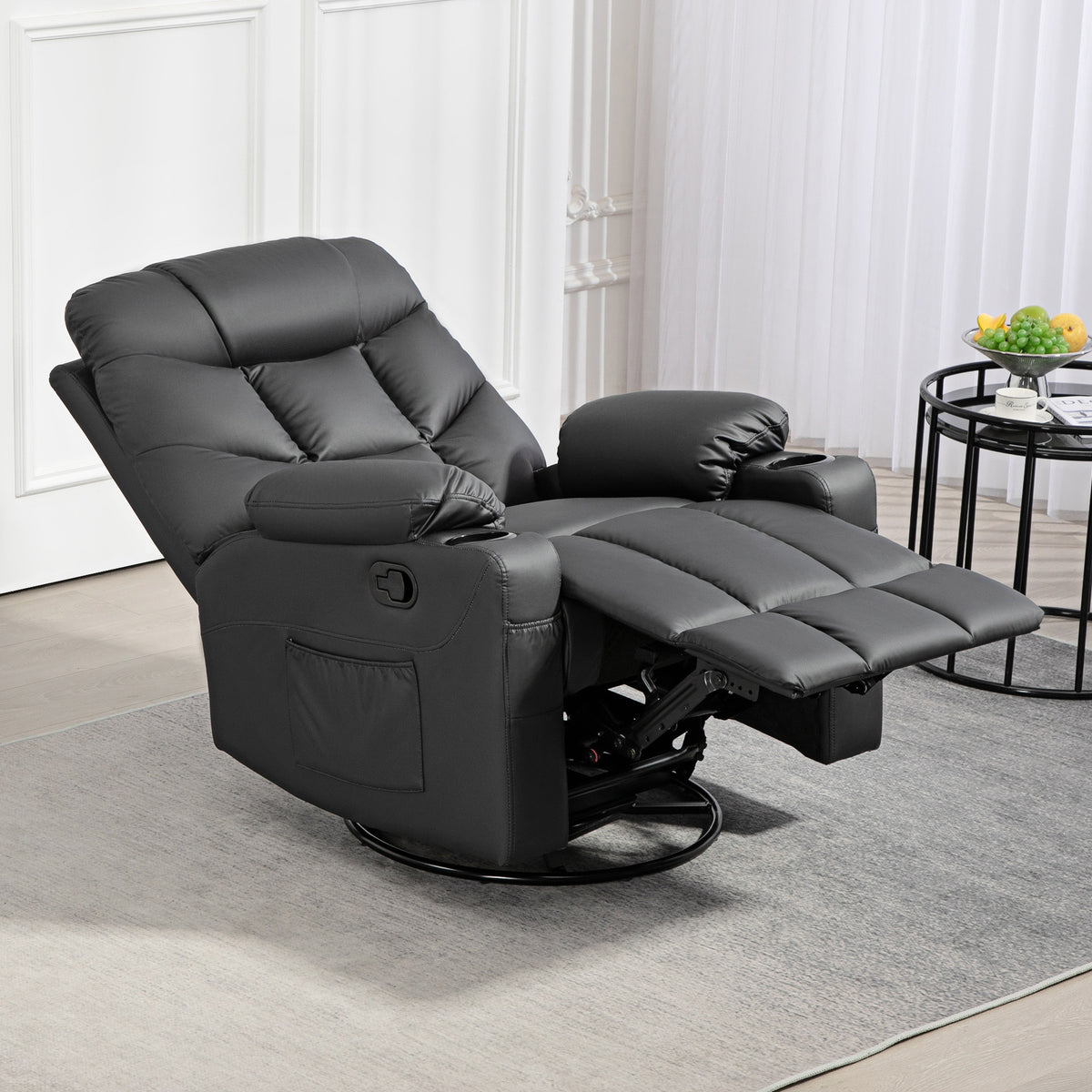 Manual Reclining Chair, Recliner Armchair with Swivel, Faux Leather, Footrest, Cup Holders, 86x93x102cm, Black
