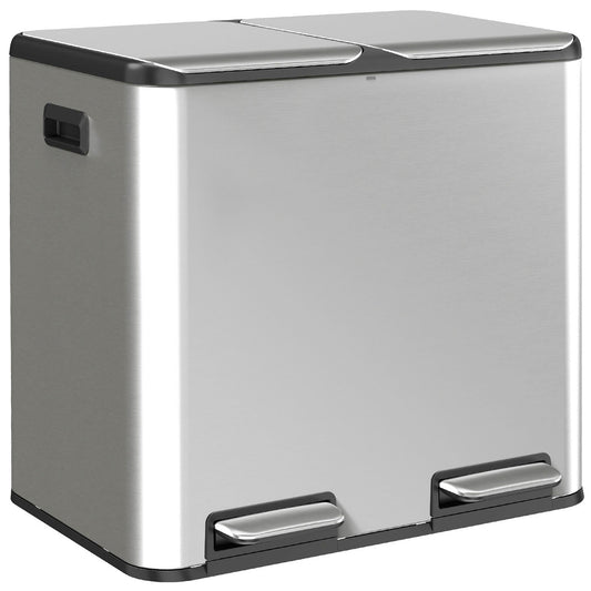 2 x 20L Double Kitchen Bin, Stainless Steel Pedal Rubbish Bin with Dual Compartments, Soft Close Lids, Silver Tone