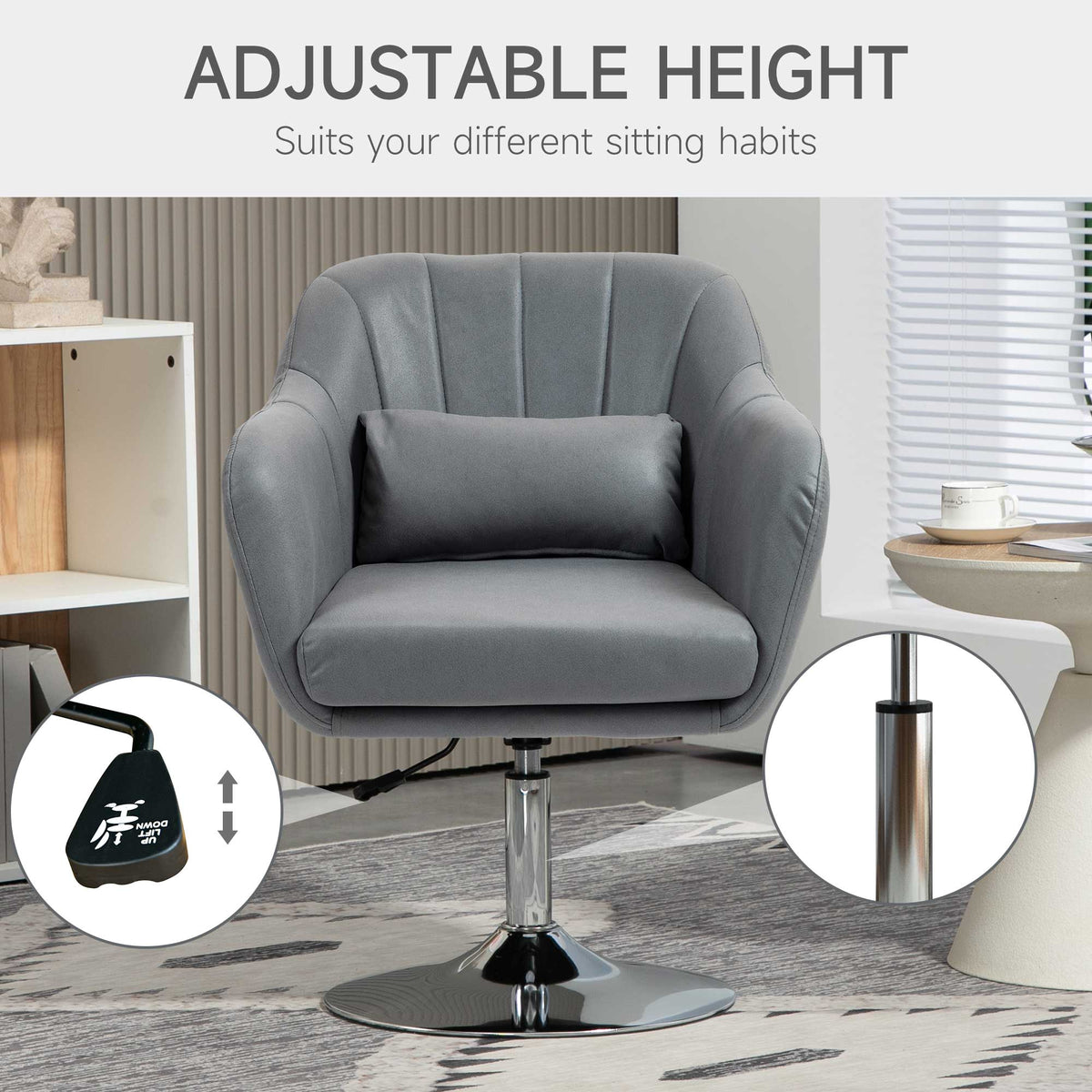 Swivel Accent Chair, Microfiber Cloth Tub Vanity Chair, Modern Armchair with Adjustable Height and Lumbar Support for Living Room Bedroom Salon Make up Room Dressing Table, Dark Grey