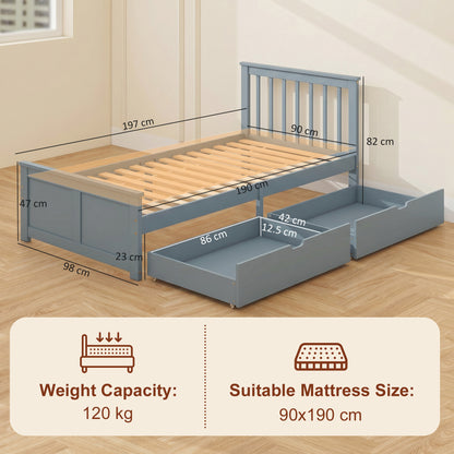 Pine Storage Bed, 3ft Single Solid Wooden Bed Frame with Drawers, Headboard, Wood Slat Support