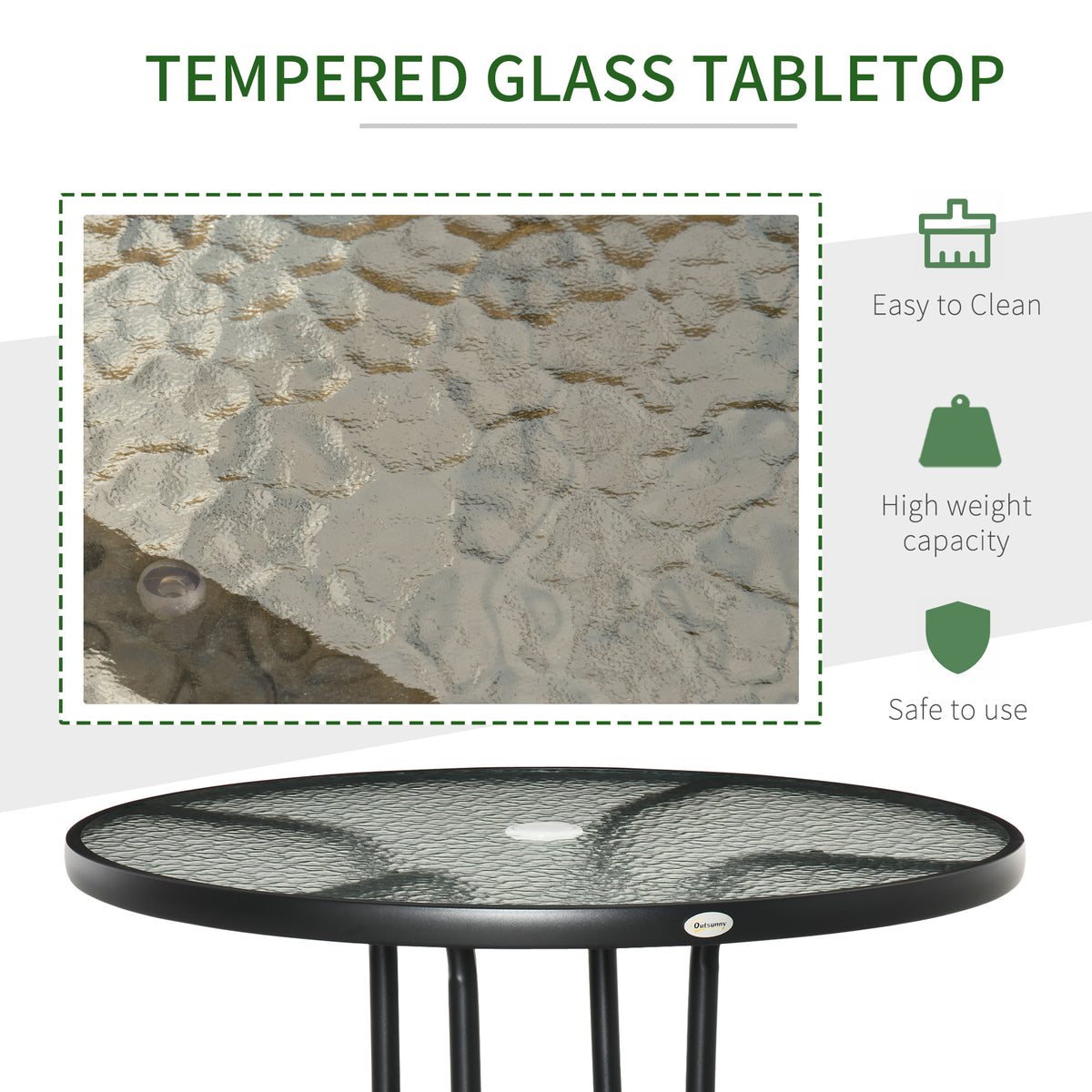Outdoor φ80cm Round Dining Table Tempered Glass Top Steel Frame Bistro Coffee End Side Table Garden w/ Parasol Hole