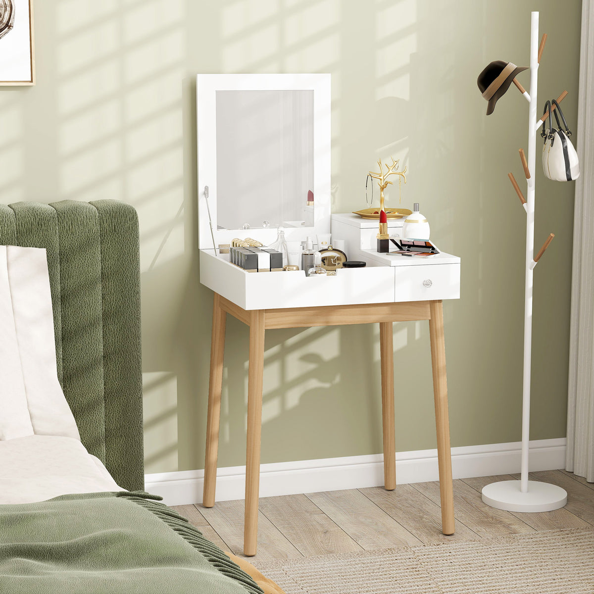 Dressing Table with Flip-up Mirror, Makeup Desk with 2 Drawers and Pine Wood Legs, Vanity Table Writing Desk for Bedroom Living Room