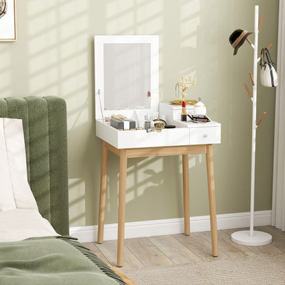 Dressing Table with Flip-up Mirror, Makeup Desk with 2 Drawers and Pine Wood Legs, Vanity Table Writing Desk for Bedroom Living Room