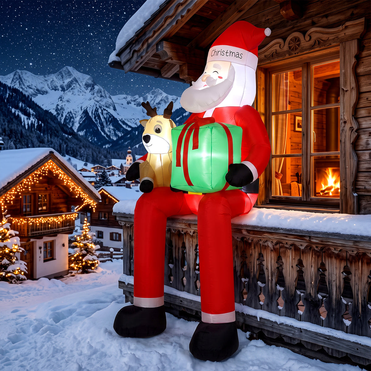 9.3ft Giant Christmas Inflatable Hanging Santa Claus Sitting w/ Reindeer, Gift Box