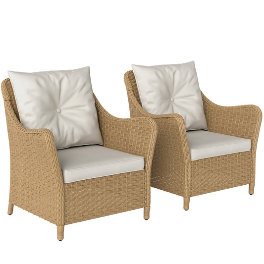 Rattan Garden Chairs Set of 2, Outdoor Rattan Chairs with Cushions, Armrests and High Back, PE Wicker Garden Armchair with Steel Frame for Balcony, Porch