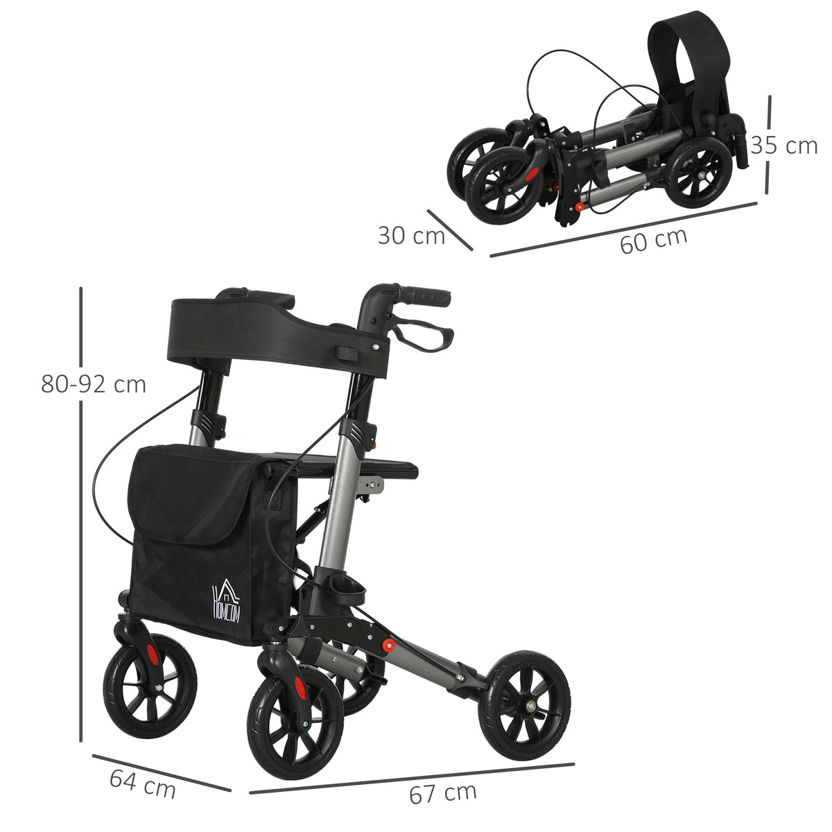 Rollator Walker with Seat, Compact Quick Folding Mobility Walker with 8" Wheels, Carry Bag, Adjustable Height, Cane Holder and Lightweight Aluminium Frame for Seniors and Disabled, Silver