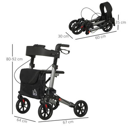 Rollator Walker with Seat, Compact Quick Folding Mobility Walker with 8" Wheels, Carry Bag, Adjustable Height, Cane Holder and Lightweight Aluminium Frame for Seniors and Disabled, Silver