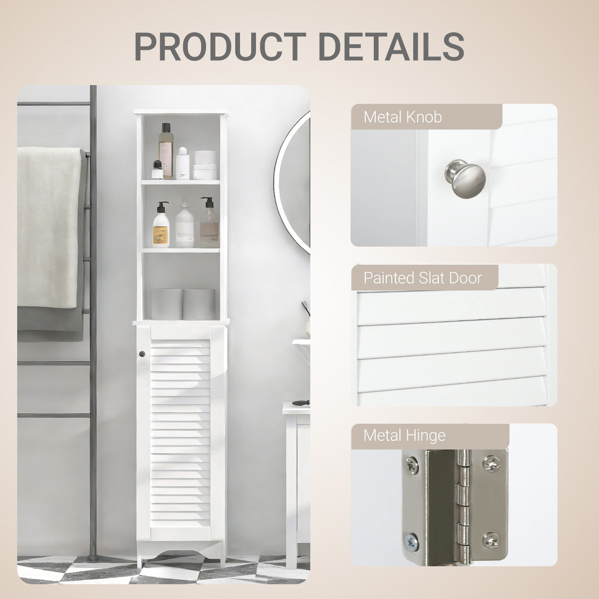 Tall Bathroom Cabinet, Freestanding Slim Bathroom Storage Unit with Adjustable Shelves and Shutter Door, Floor Storage Cupboard with 6 Shelves, 165H x 34W x 20D cm, White