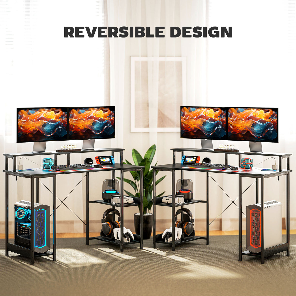 LED Computer Desk, with Power Outlets and Shelves