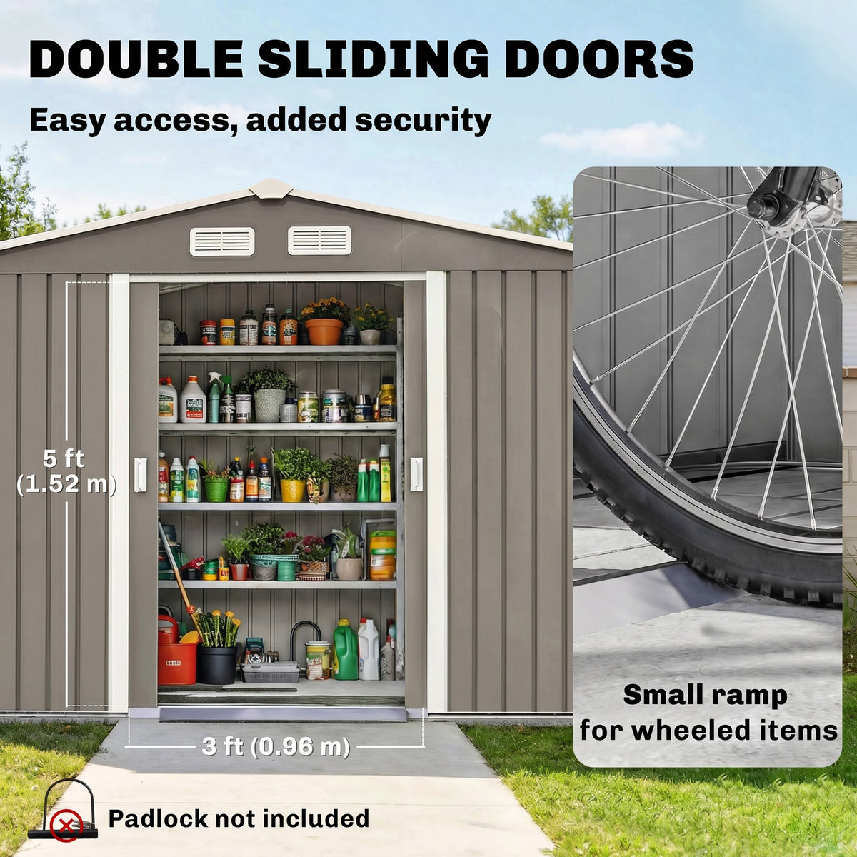 9 x 6FT Outdoor Garden Roofed Metal Storage Shed Tool Box with Foundation Ventilation & Doors Light, Grey