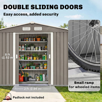 9 x 6FT Outdoor Garden Roofed Metal Storage Shed Tool Box with Foundation Ventilation & Doors Light, Grey