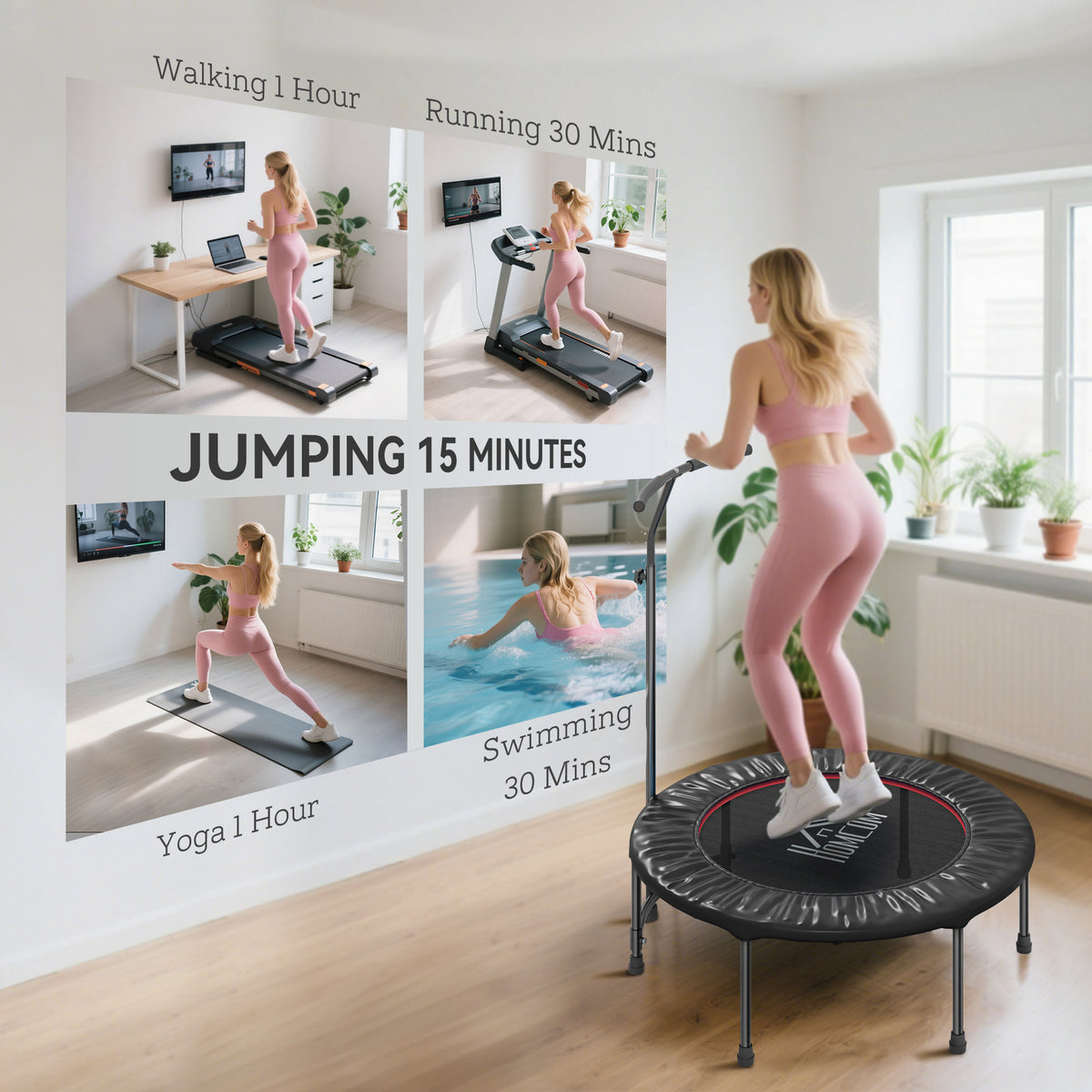 40" Fitness Trampoline with Adjustable Handle, Rebounder Trampoline, Mini Jumper for Indoor Exercise Workout