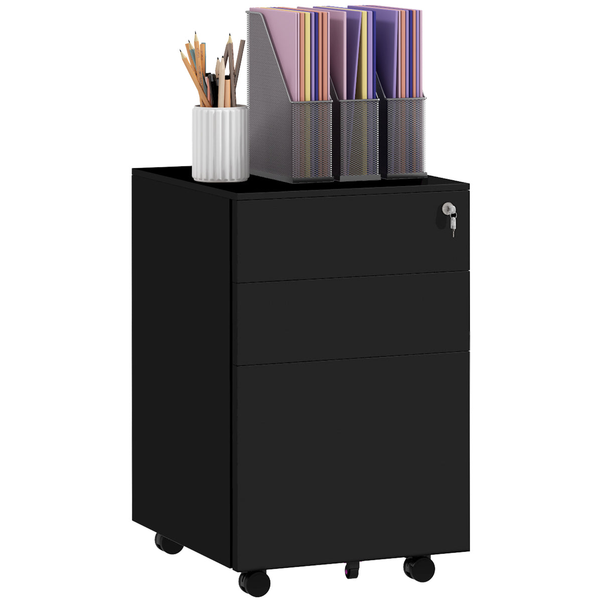 3-Drawer Vertical Filing Cabinet with Pencil Tray, Lock and 5 Wheels, Steel Mobile File Cabinet, for A4, Legal and Letter Size, Pre-Assembled Body