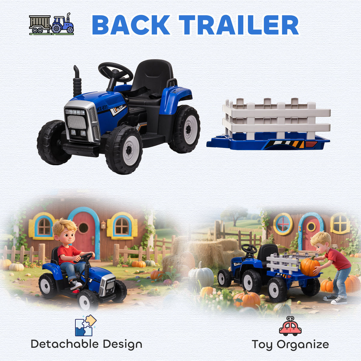 Ride On Tractor, Battery Powered Electric Car, with Detachable Trailer, Remote Control, Music