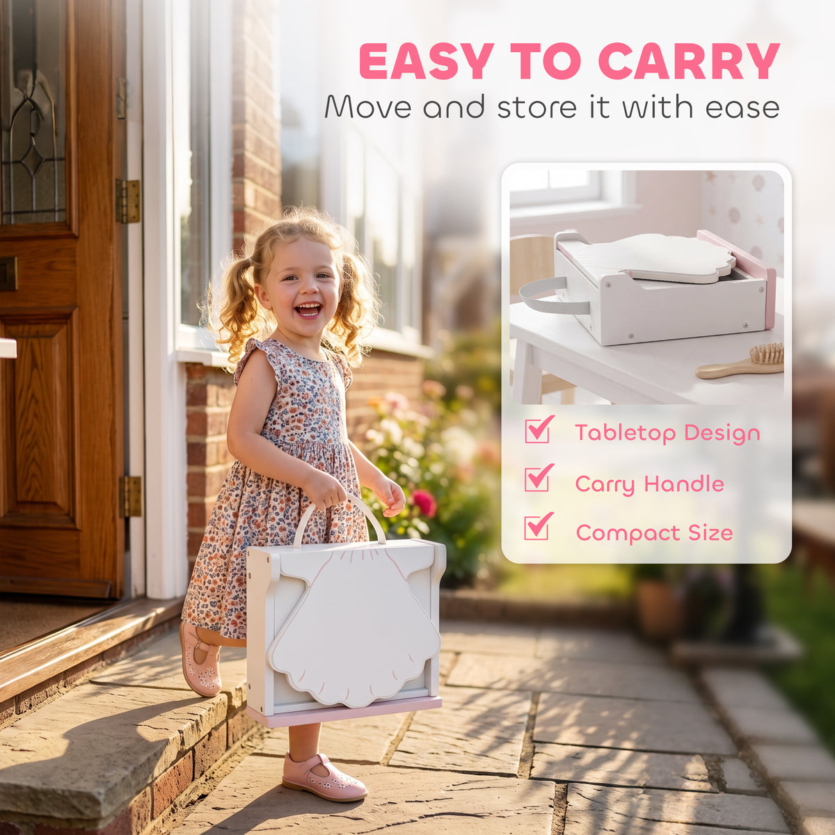 Kids Dressing Table, Portable Vanity Table with Lights, Mirror, Drawer, Accessories, Gift for 3-6 Years