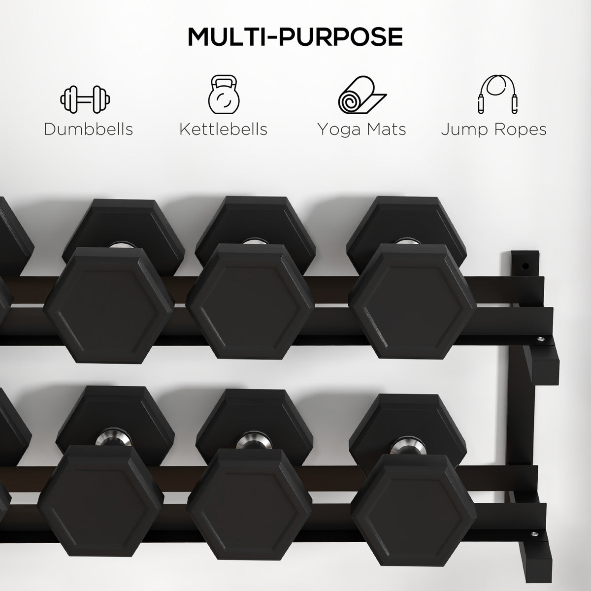 Wall-Mounted Dumbbell Rack, 2-Tier Weight Stand, Space-Saving and Multi-Functional Steel organiser for Home Gym, Black