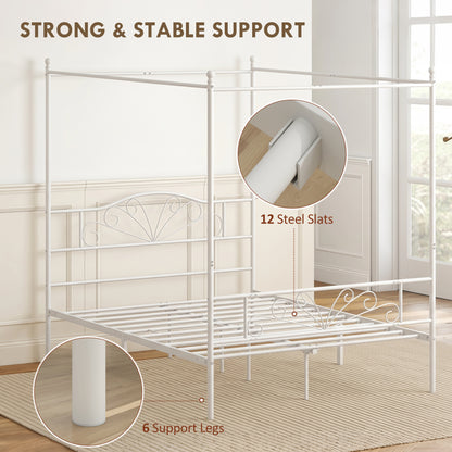 Canopy Bed Frame Double Size, Metal Platform Bed Frame with Headboard and Footboard, Underbed Storage, White