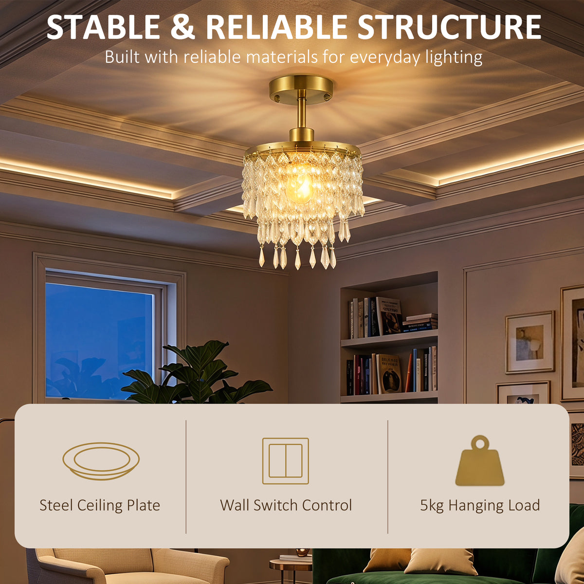 Crystal Ceiling Light with 57 Crystal Strands, Ceiling Light with Mounting Plate for Hallway