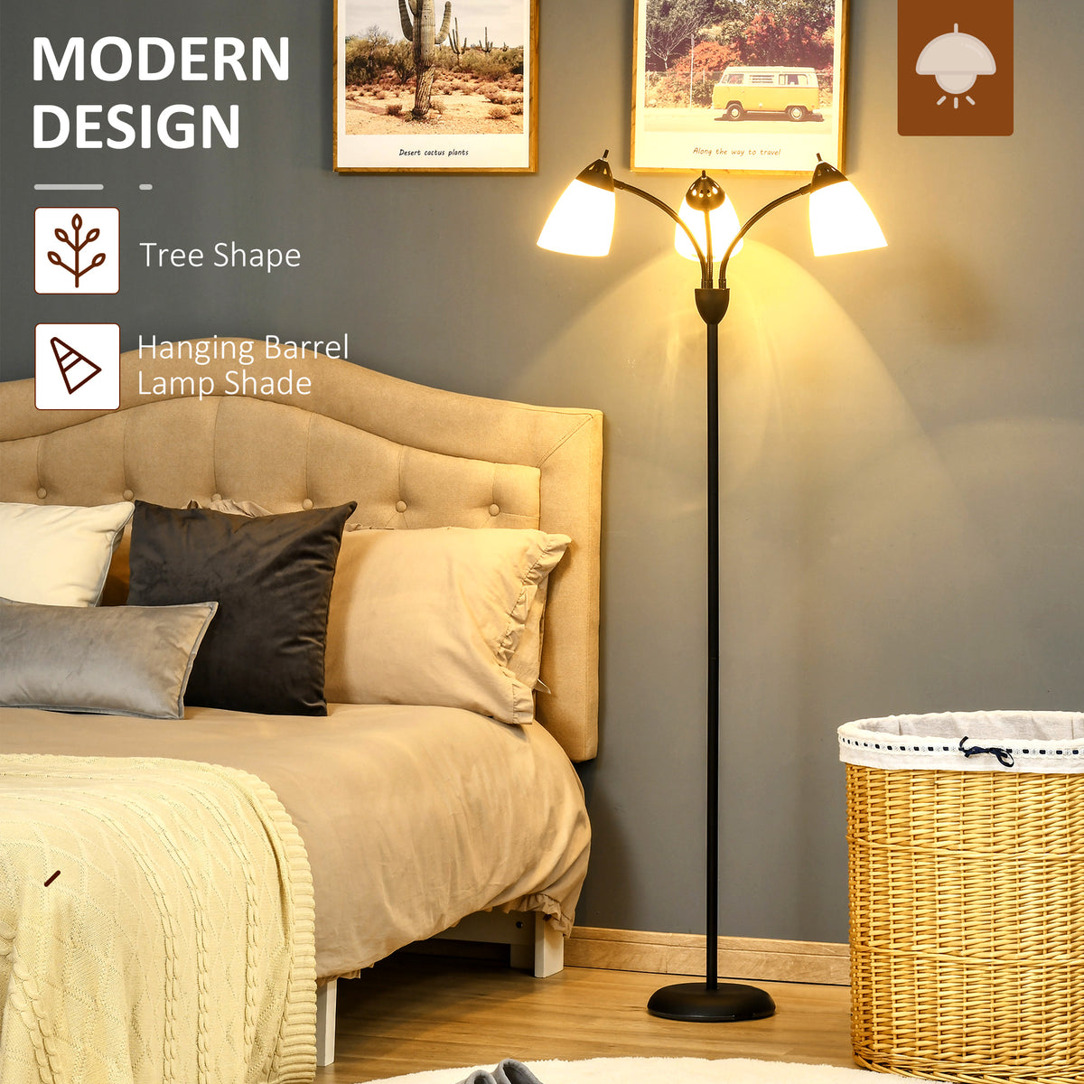 Arc Tree Floor Lamp with 3 Adjustable Rotating Lights, Industrial Standing Lamp with Steel Frame for Bedroom Living Room, 155cm, Black