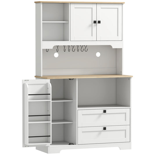 Kitchen Cupboard, Freestanding Kitchen Cabinet with 2 Cabinets, 2 Drawers, Open and Adjustable Shelves, White