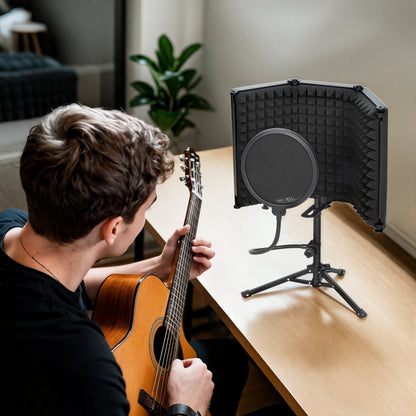 Studio Microphone Isolation Shield with Pop Filter and Tripod Stand, Foldable Adjustable Recording Studio Equipment, 3-Panel High Density Absorbent Foam Shield with 3/8" Threaded Mount, Black