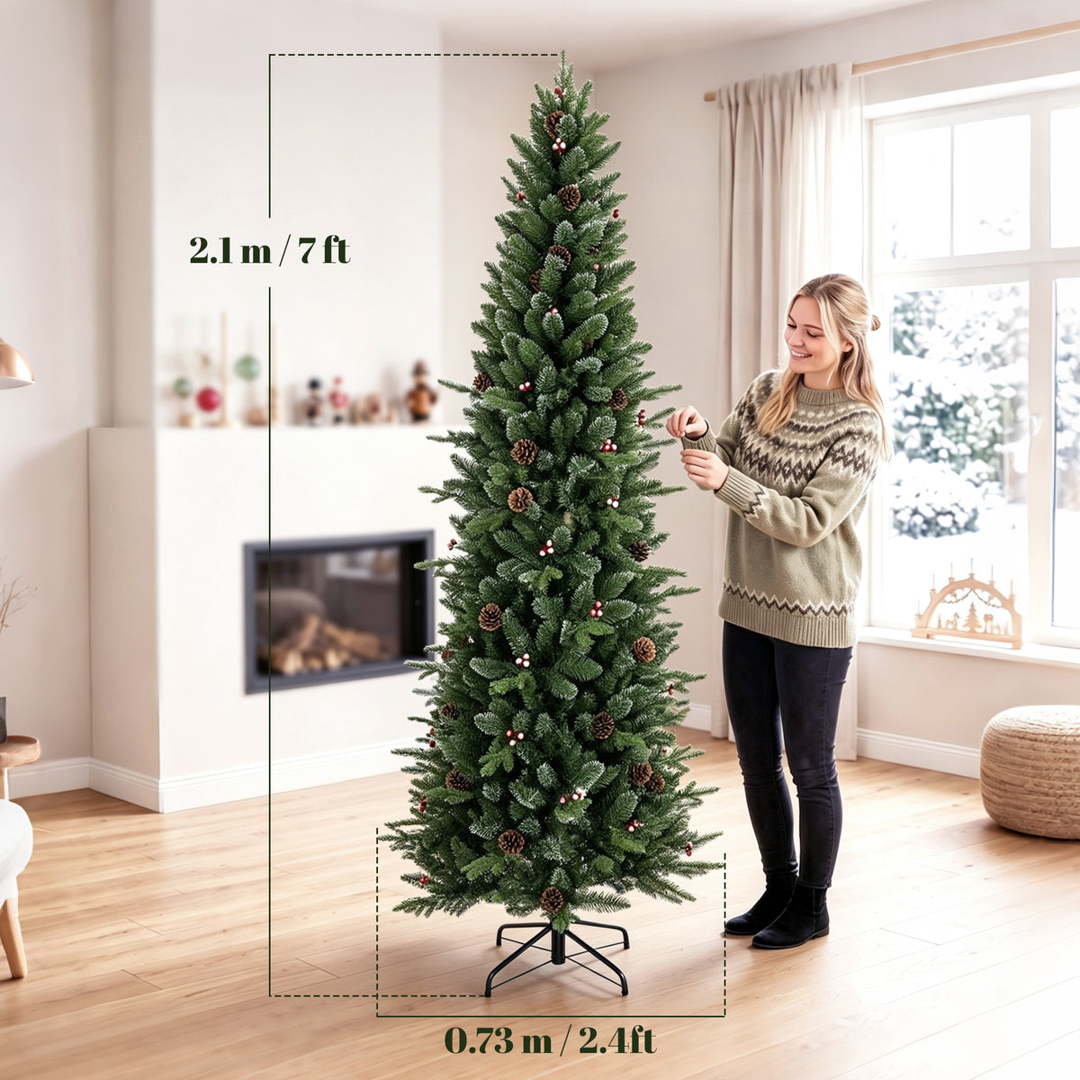 Slim Gracious Pine Xmas Tree, 7ft/210cm Artificial Christmas Tree with 904 Branch Tips, Foldable Steel Stand, Green