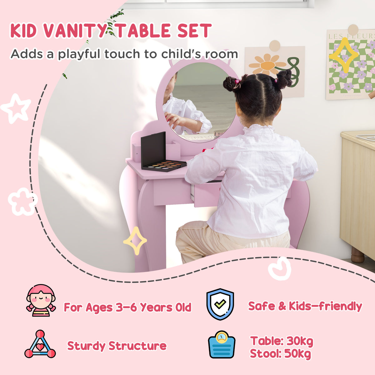 Kids Vanity Table with Mirror, Stool, Drawer, Storage Boxes, Cat Design, for Ages 3-6 Years - Pink