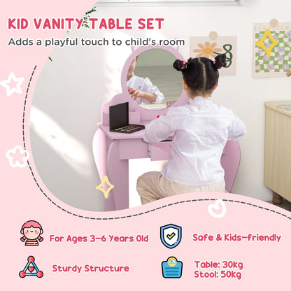 Kids Vanity Table with Mirror, Stool, Drawer, Storage Boxes, Cat Design, for Ages 3-6 Years - Pink