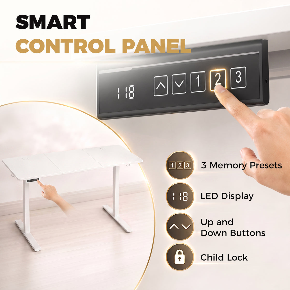 Standing Desk Memory Control Height Adjustable Desk 2 Cable Holes LED Display Sit Stand Desk White