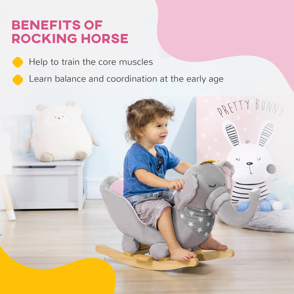 Kids Elephant-Designed Rocking Horse, with Safety Belt, Wooden Base, for Ages 18-36 Months - Grey