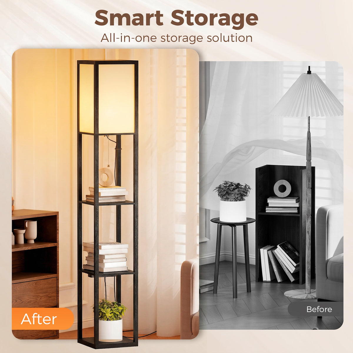 Floor Lamp with Shelves, 3 Layer Column Modern Standing Lamp for Living Room, Bedroom, Office, Black