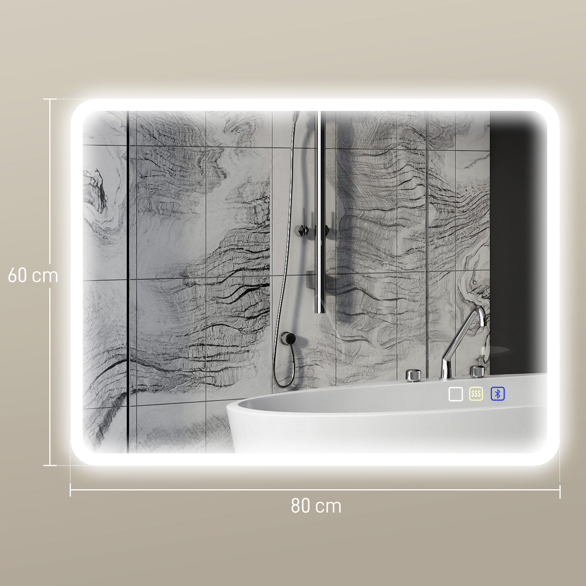 80 x 60cm LED Bathroom Mirror, with Bluetooth - Silver Tone