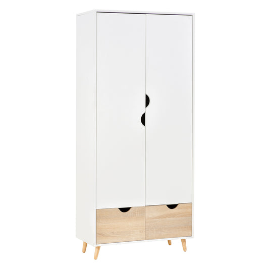 2-Door Clothes Wardrobe w/ Rail Shelf 2 Drawers Wood Feet Home Storage Organisation Furniture