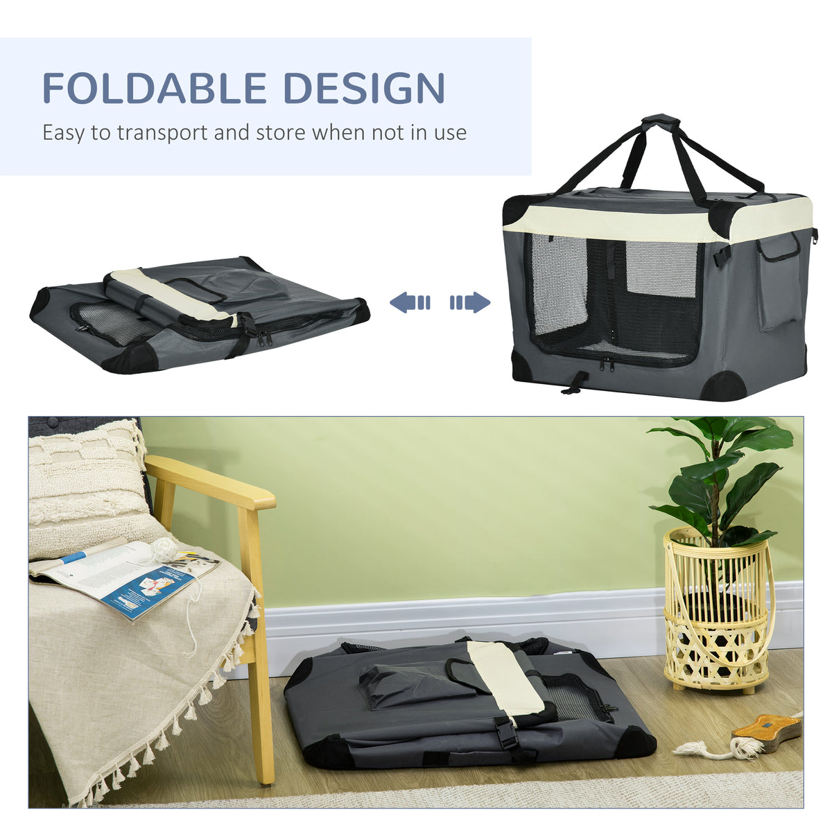 70cm Foldable Pet Carrier, with Cushion, for Small Dogs and Cats - Grey