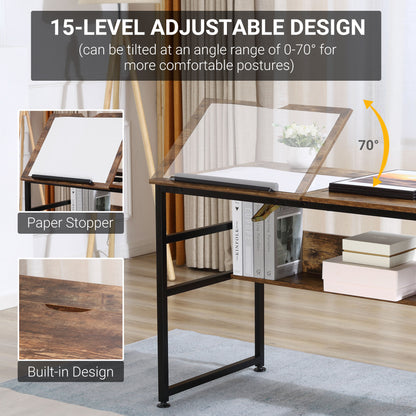 Adjustable Drafting Table Art Desk Drawing Table, Craft Desk Workstation for Painting, Multifunctional Writing Desk w/ 15-Level Tiltable Tabletop and Storage Shelf, Home Office, Rustic Brown
