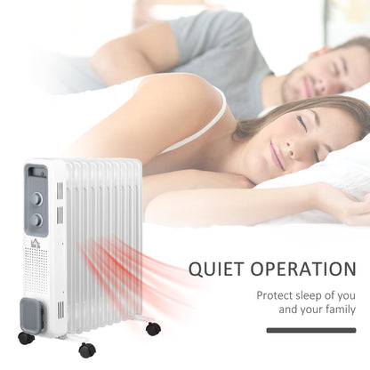 2500W Oil Filled Radiator, 11 Fin, Portable Electric Heater with 3 Heat Settings, Safety Cut-Off and Wheels