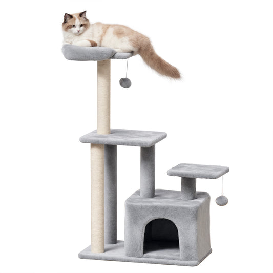 Cat Tree Tower for Indoor Cats 114cm Climbing Activity Centre Kitten with Sisal Scratching Post Perch Hanging Ball Condo Toy Light Grey