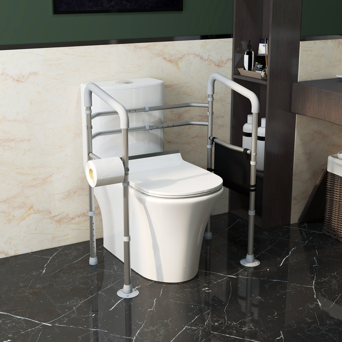 Free Standing Toilet Frame, Height and Width Adjustable Toilet Safety Frame with Arms, 2 Additional Suction Cups, Storage for Elderly, Disabled, Handrail Grab Bar, 136kg Weight Capacity
