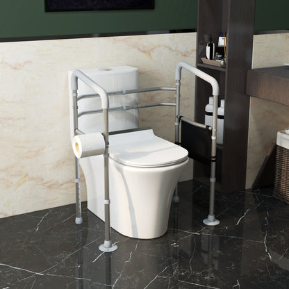 Free Standing Toilet Frame, Height and Width Adjustable Toilet Safety Frame with Arms, 2 Additional Suction Cups, Storage for Elderly, Disabled, Handrail Grab Bar, 136kg Weight Capacity