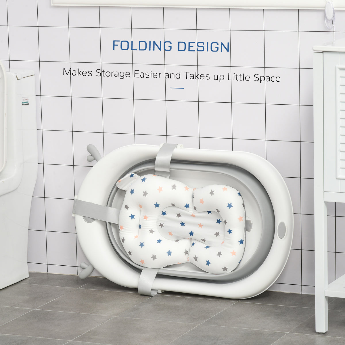 Foldable Baby Bathtub Set, Collapsible Bath Tub with Thermostatic Water Plug, Non-Slip Support, Cushion Pad, Drain Plugs, for Newborn to 3 Years - Offwhite