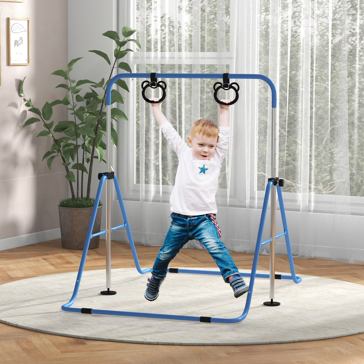 Adjustable Height, Foldable Kids Gymnastics Bar w/ Non-slip Rubber Floor Rings, for 3+ Years