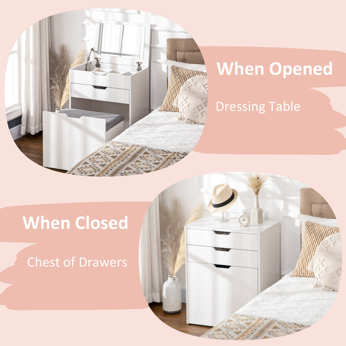 Dressing Table with Flip-up Mirror and Storage Stool, Vanity Table with Drawer and Hidden Compartments for Bedroom, Living Room, White