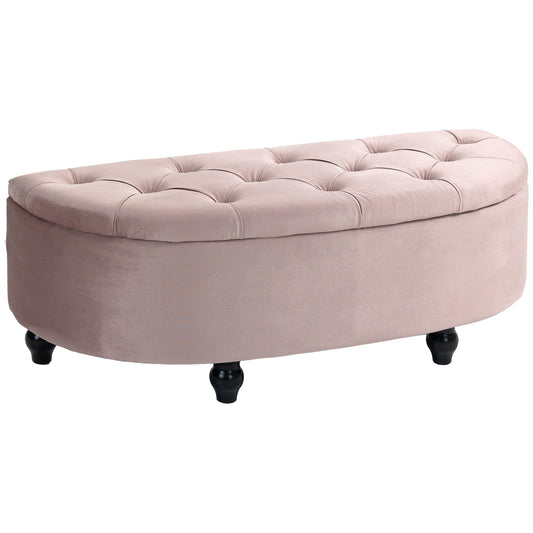 Semi-Circle Ottoman Storage Bench, Bed End Bench, Tufted Upholstered Window Seat Footrest Stool with Rubberwood Legs for Bedroom & Entryway, 120 x 46 x 42 cm, Pink