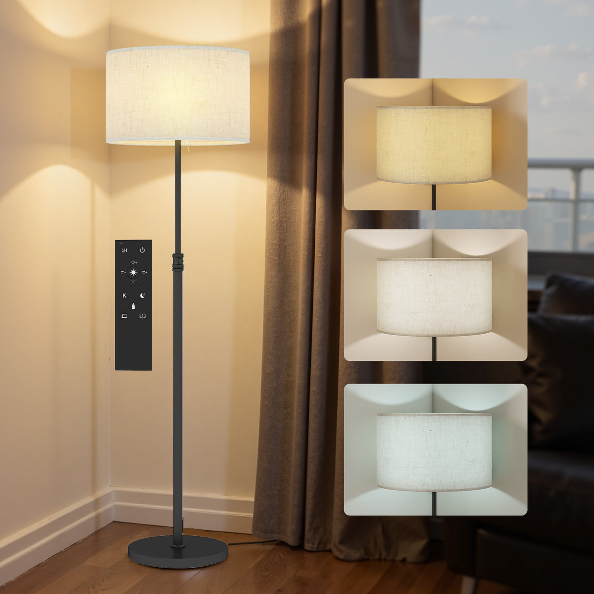 Floor Lamp with Remote, Height Adjustable Standing Lamp with Linen Shade, Dimmable with 3000K-6000K Adjustable Colour Temperatures, Foot Switch for Living Room Bedroom Office