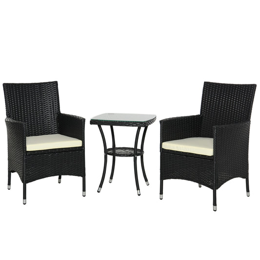 3 Pieces Rattan Bistro Set, Wicker Garden Furniture Set with 2-Tier Coffee Table and Chairs, Cushions, for Outdoor Patio Balcony, Black